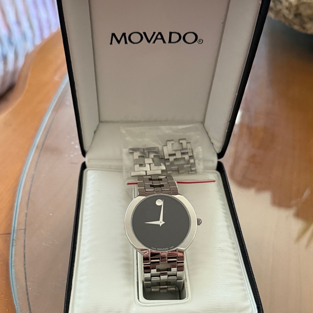 Movado Silver Watch with Black Dial